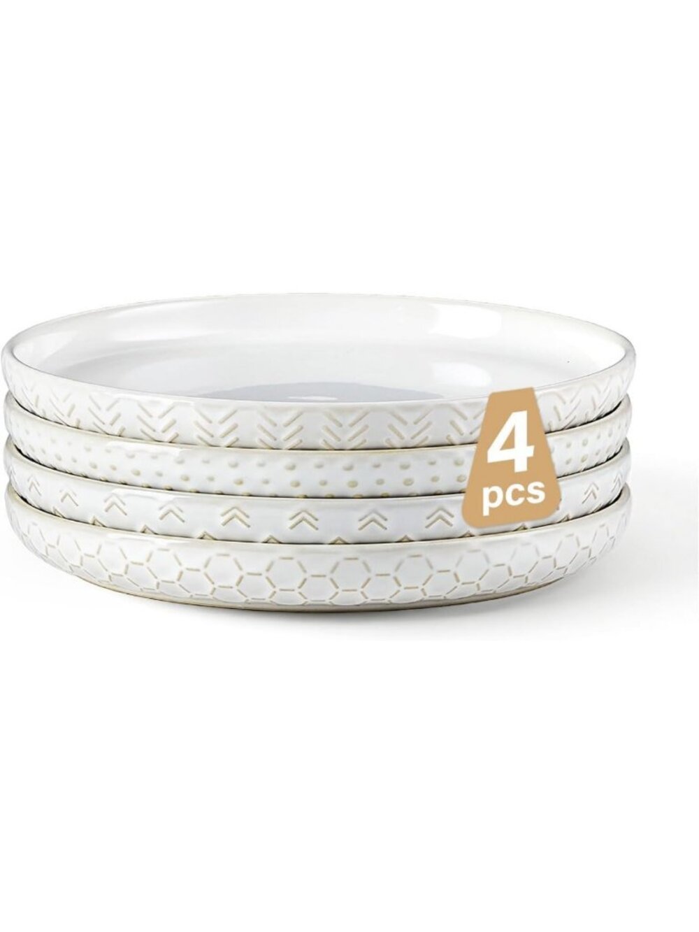 Set of 4 Ivory White 8-Inch Ceramic Salad Plates - Embossed, Scratch Resistant